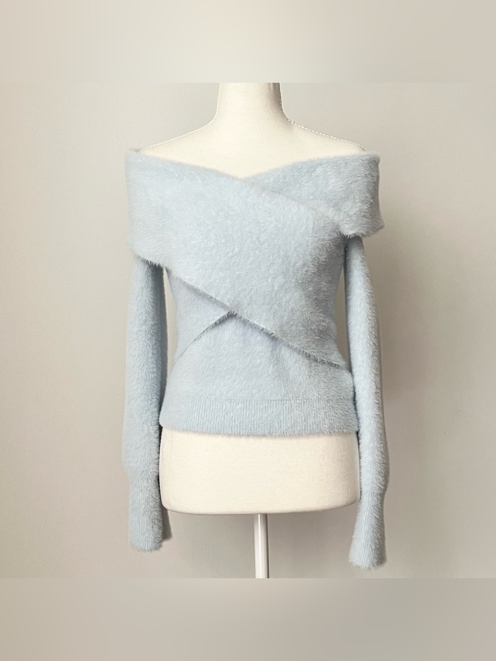 Express Women's Fuzzy Off-the-Shoulder Sweater Sky Blue Size M Feminine Sweet